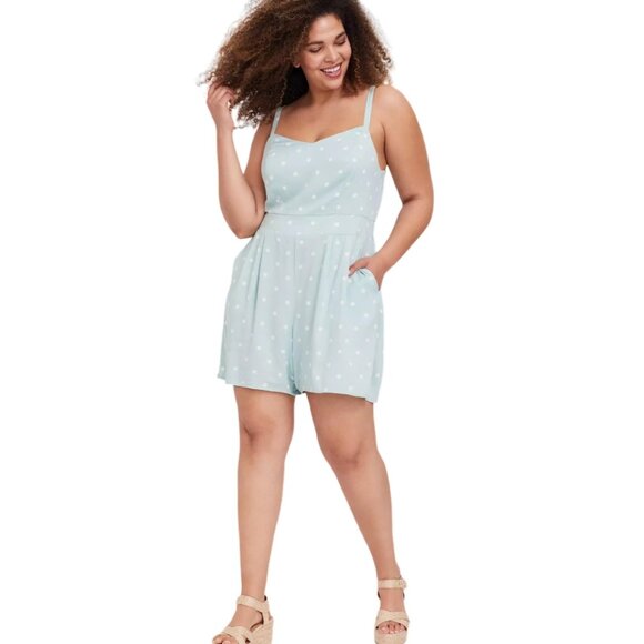 Torrid Blue Dot Polka Dot Stretch Challis Romper Size 0 Large 12 NWT - Picture 1 of 13